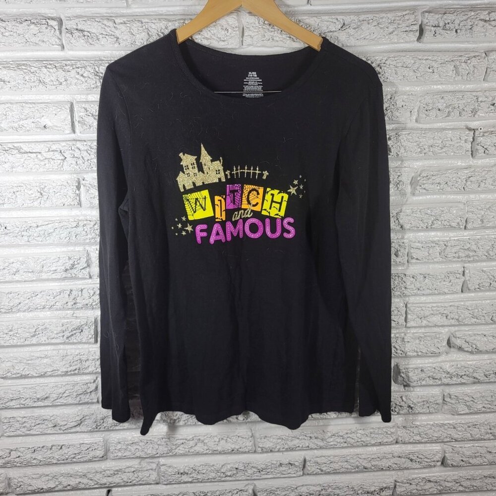 Witch Halloween T-Shirt Women's XL Black Glitter Long Sleeve 100% Cotton NOV79E
